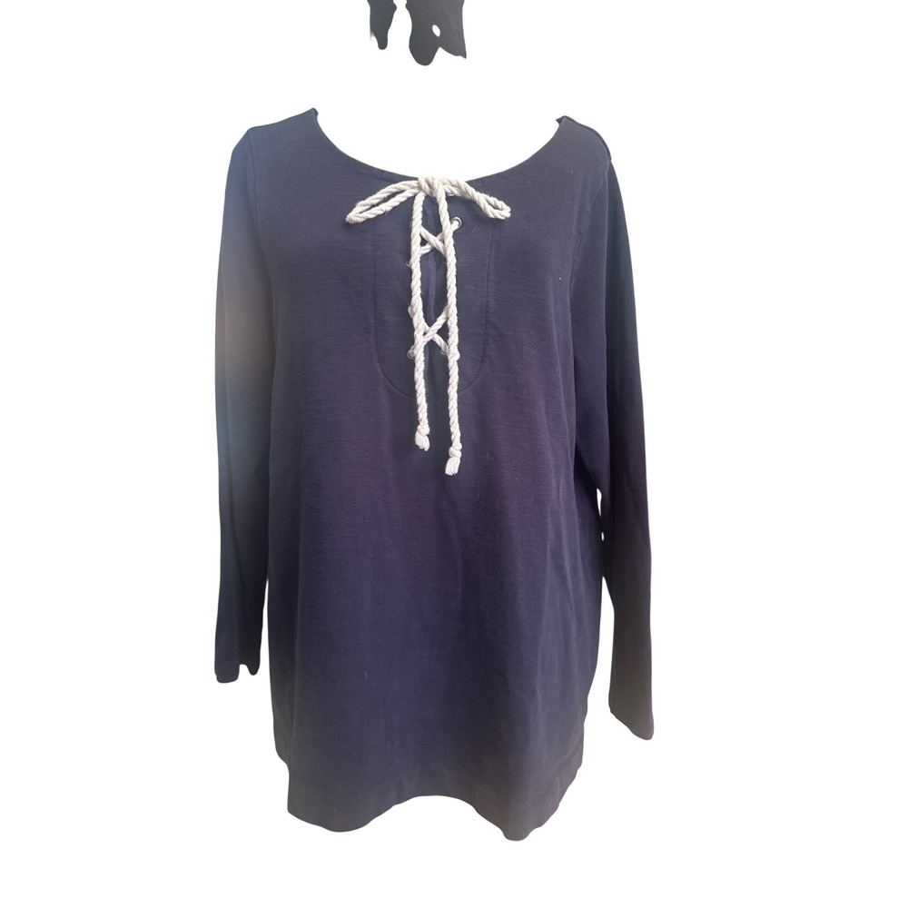 Talbots Woman Petites Navy Blue Cotton Rope Lace Up Long Sleeve Nautical Top 1XP